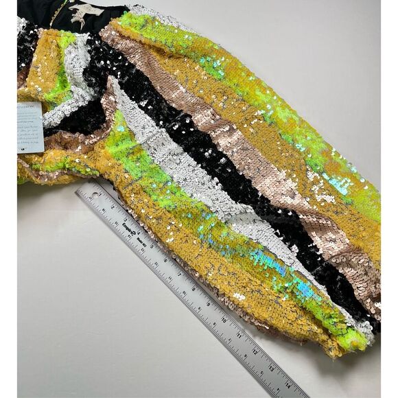 NEW Melloday Multicolor Sequin Stripe Balloon Sleeve Mini Dress Size Medium NEW! - Picture 9 of 12